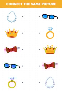 Education game for children connect the same picture of cartoon wearable accessories necklace crown bow tie glasses ring printable worksheet vector