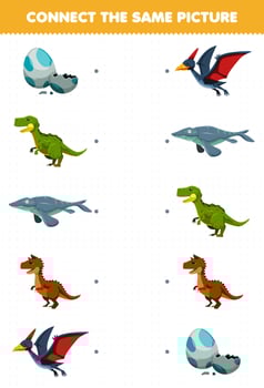 Education game for children connect the same picture of cute cartoon prehistoric dinosaur printable worksheet vector