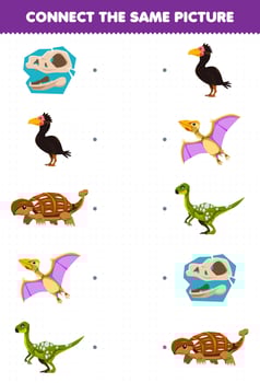 Education game for children connect the same picture of cute cartoon prehistoric dinosaur printable worksheet vector