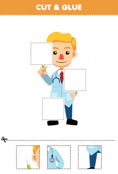 Education game for children cut and glue cut parts of cute cartoon doctor profession and glue them printable worksheet vector
