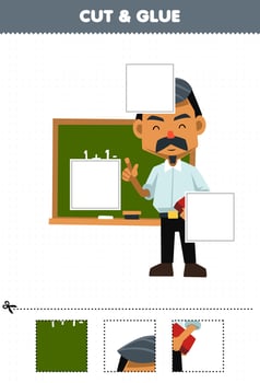 Education game for children cut and glue cut parts of cute cartoon teacher profession and glue them printable worksheet vector