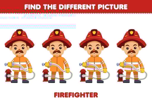 Education game for children find the different picture of cute cartoon firefighter profession printable worksheet vector