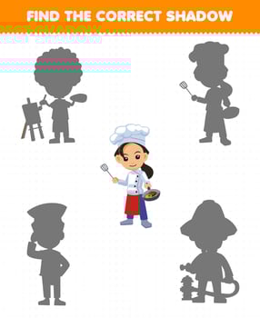 Education game for children find the correct shadow set of cute cartoon profession chef printable worksheet vector