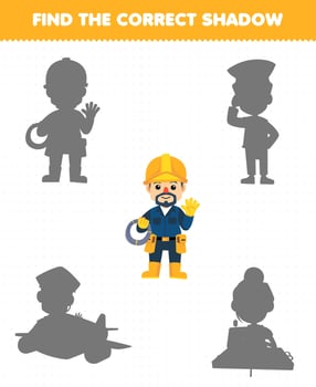 Education game for children find the correct shadow set of cute cartoon profession electrician printable worksheet vector