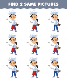Education game for children find two same pictures of cute cartoon chef profession printable worksheet vector