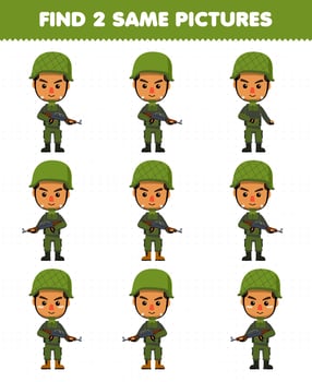 Education game for children find two same pictures of cute cartoon soldier profession printable worksheet vector
