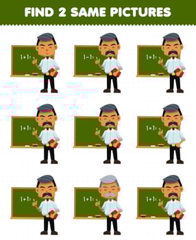 Education game for children find two same pictures of cute cartoon teacher profession printable worksheet vector