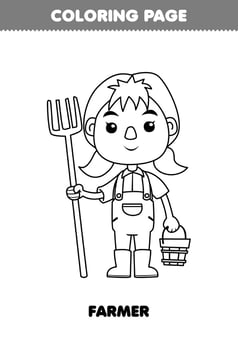 Education game for children coloring page of cute cartoon farmer profession line art printable worksheet vector
