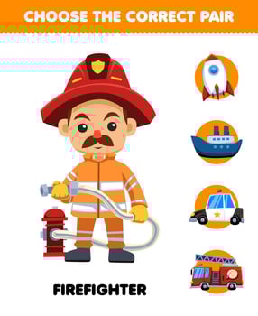 Education game for children choose the correct pair for cute cartoon firefighter profession rocket ship or firetruck printable worksheet vector