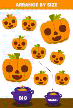 Education game for children arrange by size big or small put it in the cauldron of cute cartoon orange pumpkin with face halloween printable worksheet vector