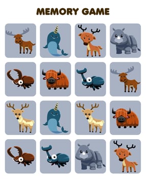 Education game for children memory to find similar pictures of cute cartoon animal with horn printable worksheet vector