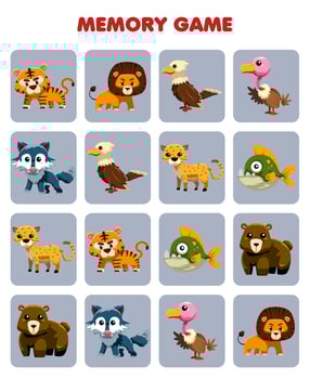 Education game for children memory to find similar pictures of cute cartoon carnivore animal printable worksheet vector
