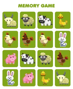 Education game for children memory to find similar pictures of cute cartoon farm animal printable worksheet vector