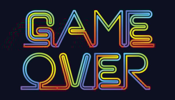 Vector Illustration word Game Over - Play Again in cyber noise glitch design. For games, banner, web pages. Three color half-shifted letters effect.