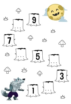 Education game for complete the sequence of number with cute cartoon werewolf and moon picture halloween printable worksheet vector