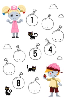 Education game for complete the sequence of number with cute cartoon zombie costume picture halloween printable worksheet vector