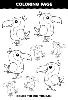 Education game for children coloring page big or small picture of cute cartoon toucan bird animal line art printable worksheet vector