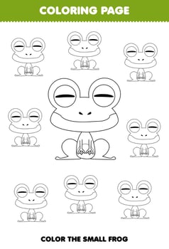 Education game for children coloring page big or small picture of cute cartoon frog animal line art printable worksheet vector