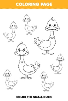Education game for children coloring page big or small picture of cute cartoon duck animal line art printable worksheet vector