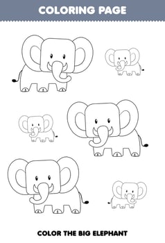 Education game for children coloring page big or small picture of cute cartoon elephant animal line art printable worksheet vector