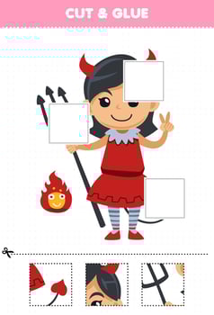 Education game for children cut and glue cut parts of cute cartoon devil girl costume and glue them halloween printable worksheet vector