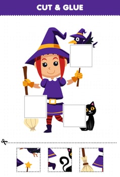 Education game for children cut and glue cut parts of cute cartoon witch costume and glue them halloween printable worksheet vector