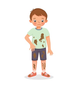 cute little boy looking at dirty muddy stain on his clothes after playing in the field outside vector