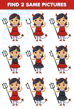 Education game for children find two same pictures of cute cartoon devil girl costume halloween printable worksheet vector