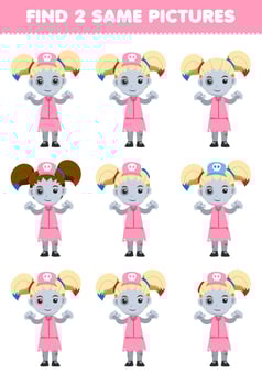 Education game for children find two same pictures of cute cartoon zombie girl costume halloween printable worksheet vector
