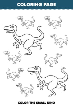 Education game for children coloring page big or small picture of cute cartoon prehistoric dinosaur velociraptor line art printable worksheet vector