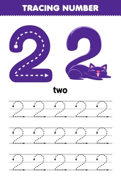 Education game for children tracing number two with halloween theme purple cat printable worksheet vector