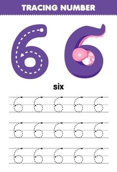 Education game for children tracing number six with halloween theme purple tentacle printable worksheet vector