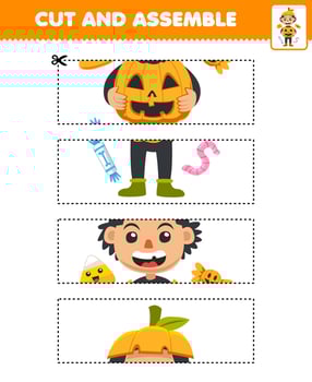 Education game for children cutting practice and assemble puzzle with cute cartoon pumpkin boy costume halloween printable worksheet vector