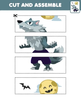Education game for children cutting practice and assemble puzzle with cute cartoon werewolf costume halloween printable worksheet vector