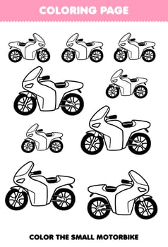 Education game for children coloring page big or small picture of cute cartoon motorbike transportation line art printable worksheet vector