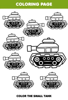 Education game for children coloring page big or small picture of cute cartoon tank transportation line art printable worksheet vector