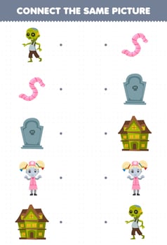 Education game for children connect the same picture of cute cartoon zombie worm tombstone spooky house halloween printable worksheet vector