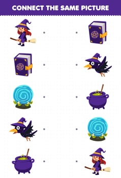 Education game for children connect the same picture of cute cartoon witch magic book orb crow cauldron halloween printable worksheet vector