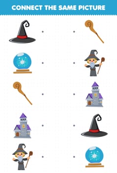 Education game for children connect the same picture of cute cartoon wizard hat magic orb castle wooden staff halloween printable worksheet vector