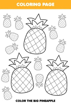 Education game for children coloring page big or small picture of cute cartoon pineapple fruit line art printable worksheet vector