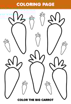 Education game for children coloring page big or small picture of cute cartoon carrot vegetable line art printable worksheet vector
