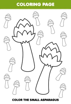 Education game for children coloring page big or small picture of cute cartoon asparagus vegetable line art printable worksheet vector