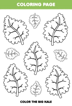 Education game for children coloring page big or small picture of cute cartoon kale vegetable line art printable worksheet vector