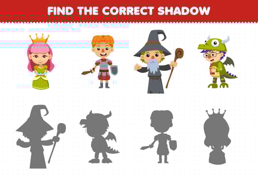 Education game for children find the correct shadow set of cute cartoon queen knight wizard dragon boy costume halloween printable worksheet vector
