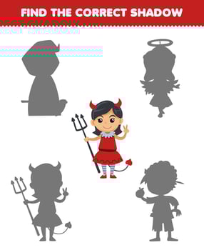Education game for children find the correct shadow set of cute cartoon devil girl costume halloween printable worksheet vector
