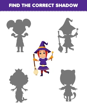 Education game for children find the correct shadow set of cute cartoon witch costume halloween printable worksheet vector