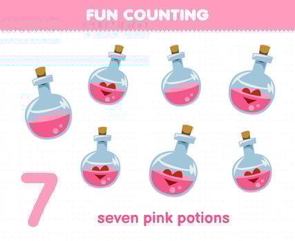 Education game for children fun counting seven pink magic potion halloween worksheet vector