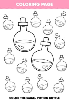 Education game for children coloring page big or small picture of cute cartoon potion bottle line art halloween printable worksheet vector