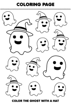 Education game for children coloring page of cute cartoon ghost with a hat line art halloween printable worksheet vector
