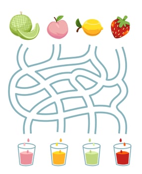 Maze puzzle game for children pair cute cartoon fruit melon peach lemon strawberry with the same juice color printable worksheet vector
